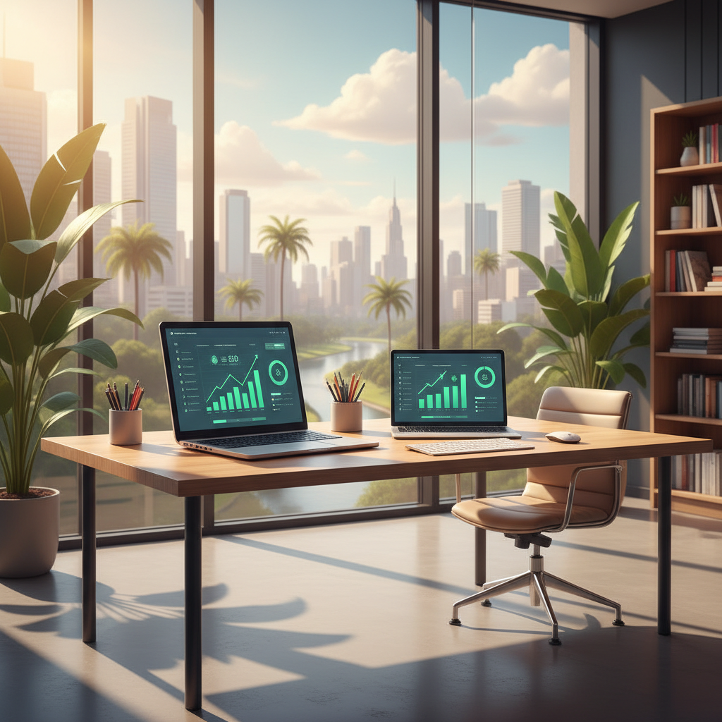 Pequeno empresário analisando gráficos de SEO e crescimento orgânico em um tablet moderno em 2026.