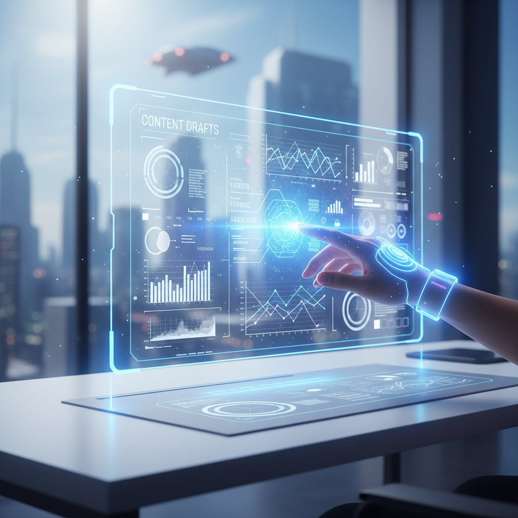 Um especialista em marketing usa uma interface de inteligência artificial para escalar a produção de conteúdo com IA em 2026.