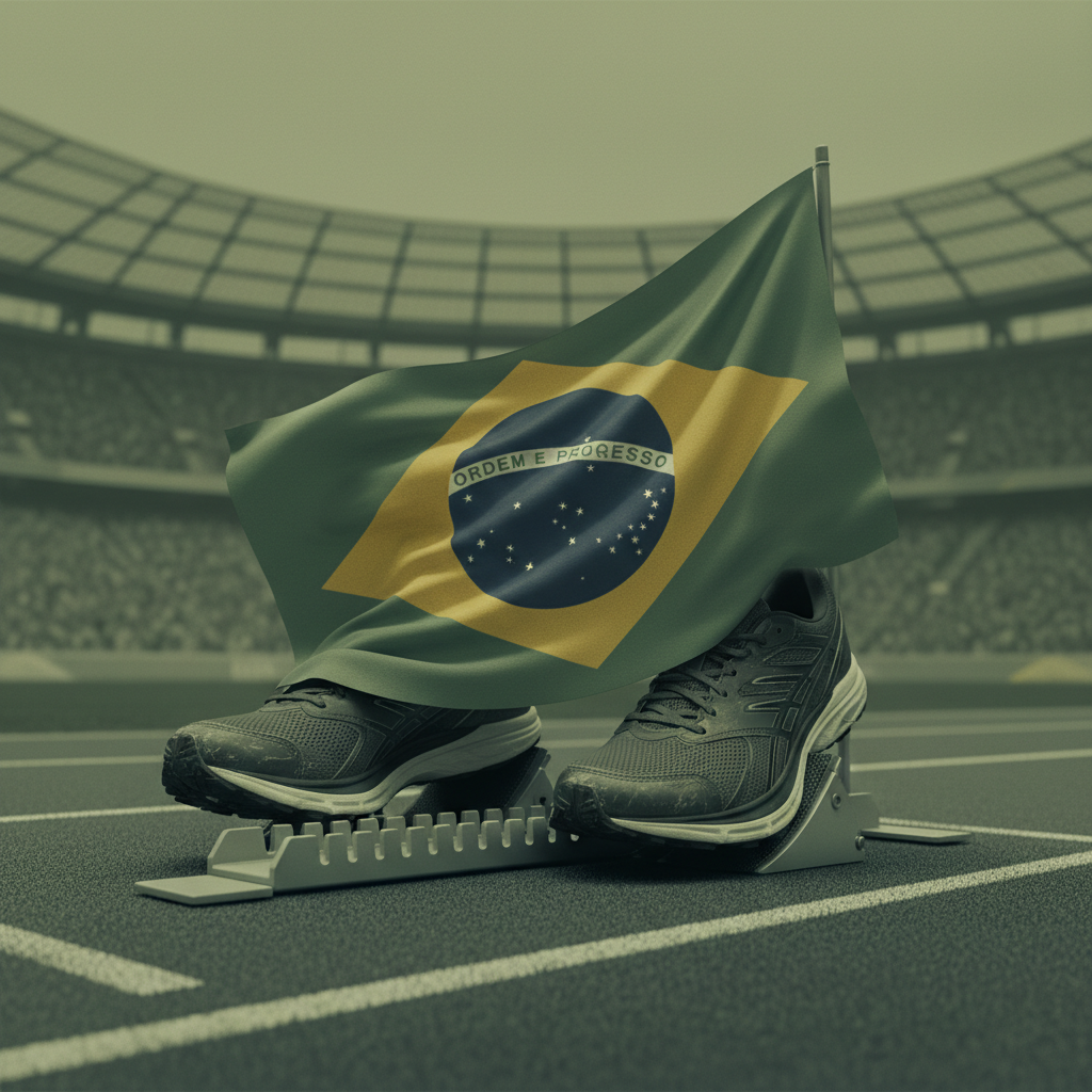 Bandeira do Brasil ao lado de alvos e equipamentos esportivos, representando o imposto sobre bets e o esporte militar.