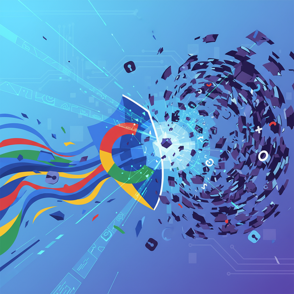 Imagem abstrata de inteligência artificial combatendo spam de conteúdo no Google