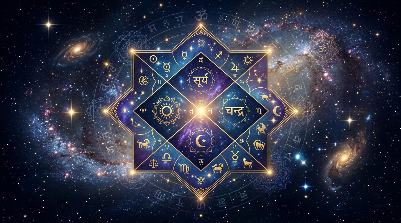 Ilustração mística do horóscopo védico com constelações e símbolos astrológicos indianos sobre um fundo cósmico em tons de azul e dourado.