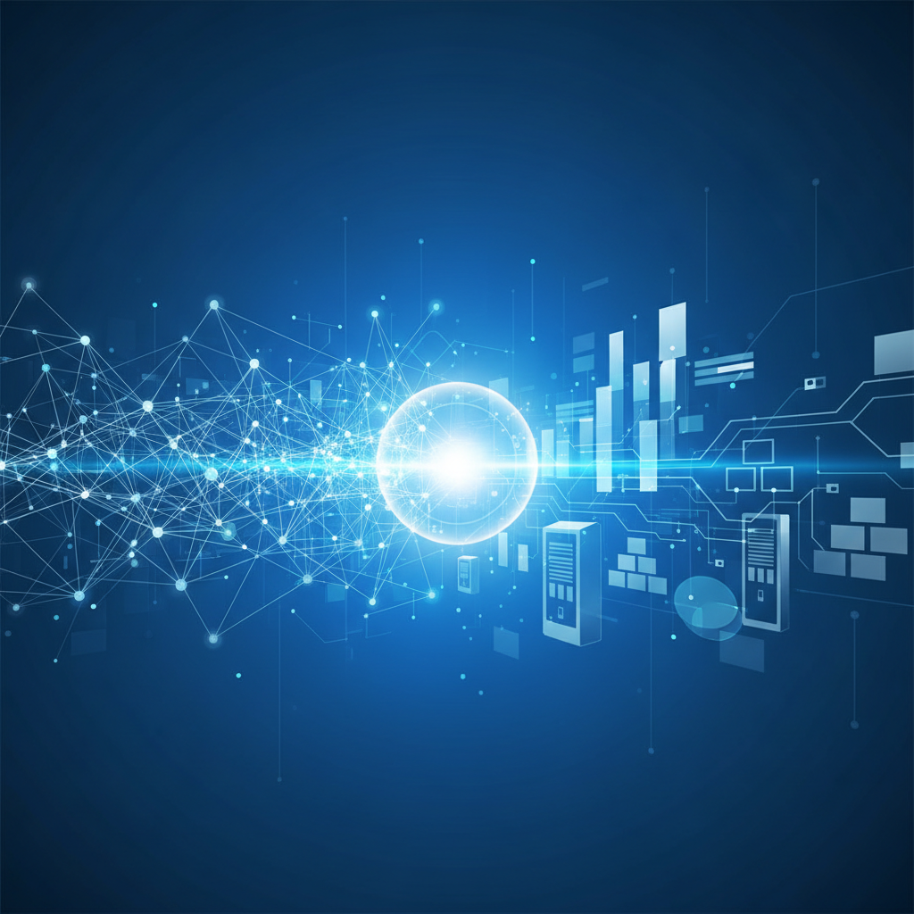 Representação abstrata de tecnologia de inteligência artificial e processamento de dados empresariais refletindo a notícia de que a OpenAI adquire TBPN.