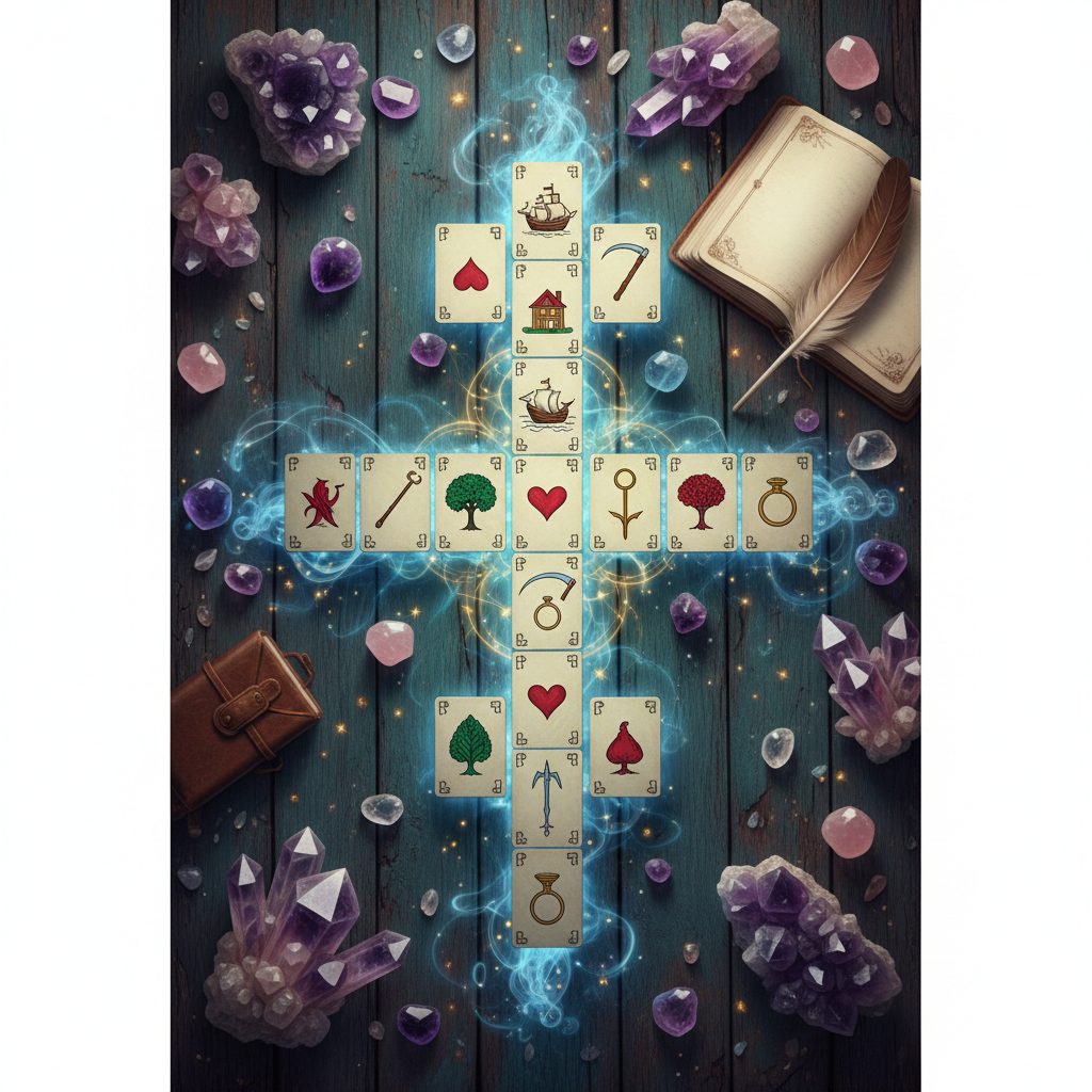 Layout do Tarot Cigano em uma mesa mística com cristais