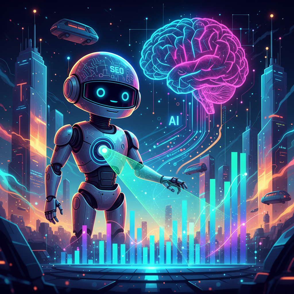 Robô otimizando site com ferramentas de SEO e inteligência artificial