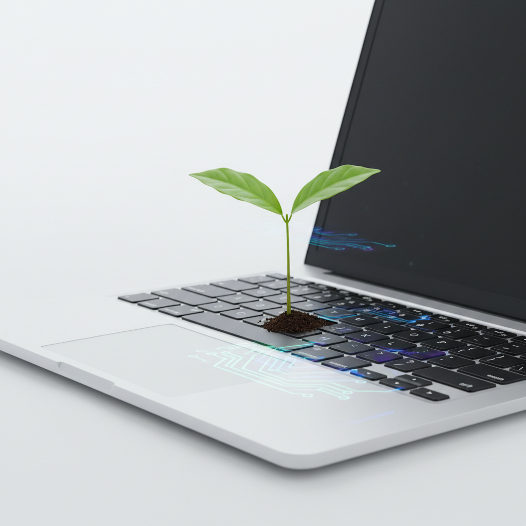 Ilustração de um broto de café crescendo de um teclado, simbolizando o sucesso de um case de tráfego orgânico.