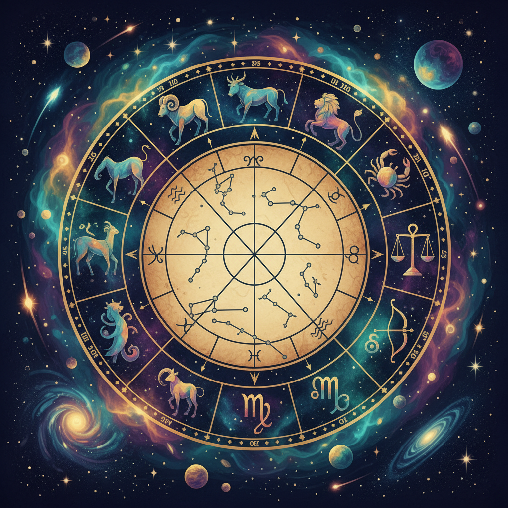 Mapa astral celeste com constelações e signos do zodíaco, guia de astrologia para iniciantes