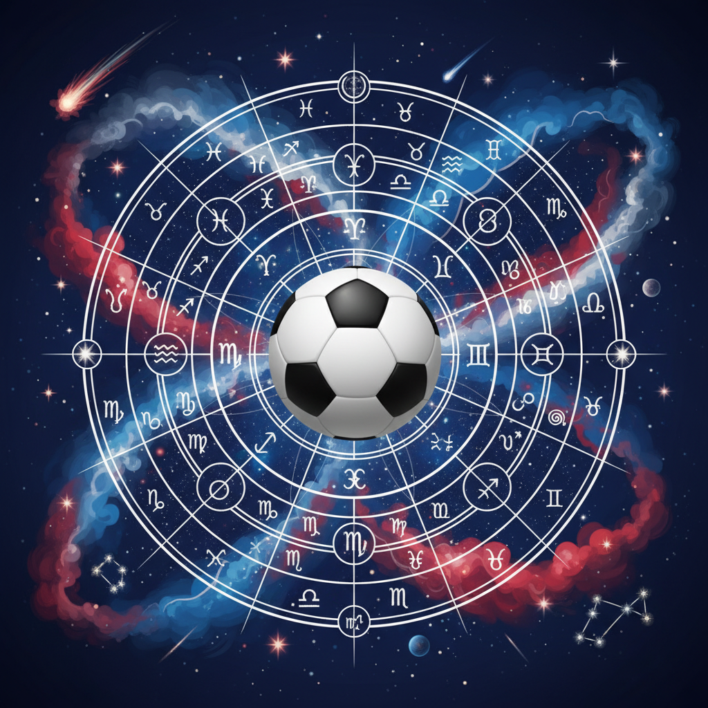 Gráfico astrológico com bola de futebol no centro, cores da bandeira francesa e elementos cósmicos, representando a controvérsia de Raymond Domenech