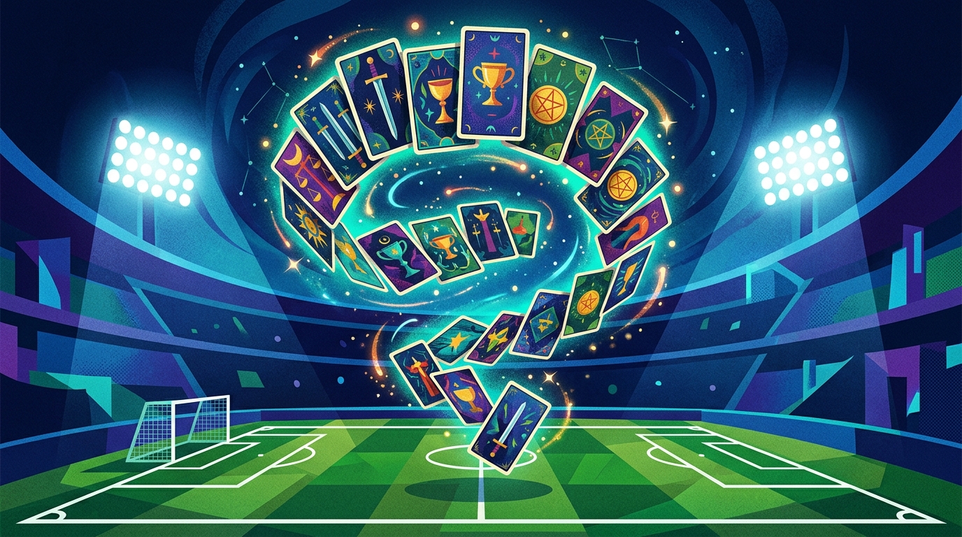 Ilustração artística de cartas de tarô flutuando sobre um gramado de estádio de futebol estilizado, com luzes de refletores ao fundo.