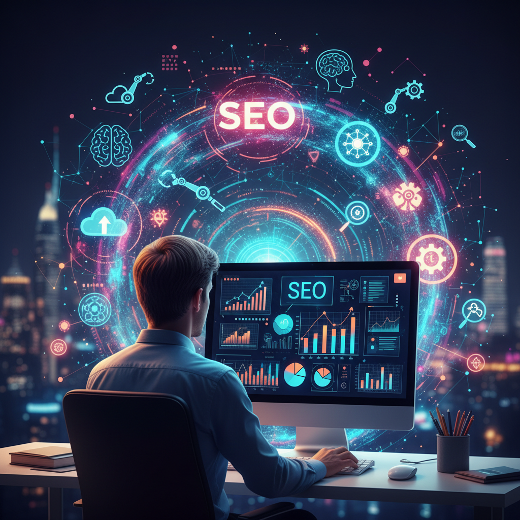 Pessoa estudando um curso de SEO para IA no computador.