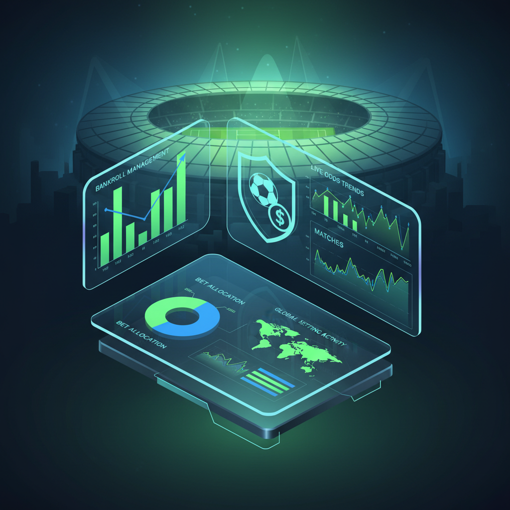 Gráfico financeiro digital sobreposto a um campo de futebol estilizado representando a gestão de banca para apostas esportivas.