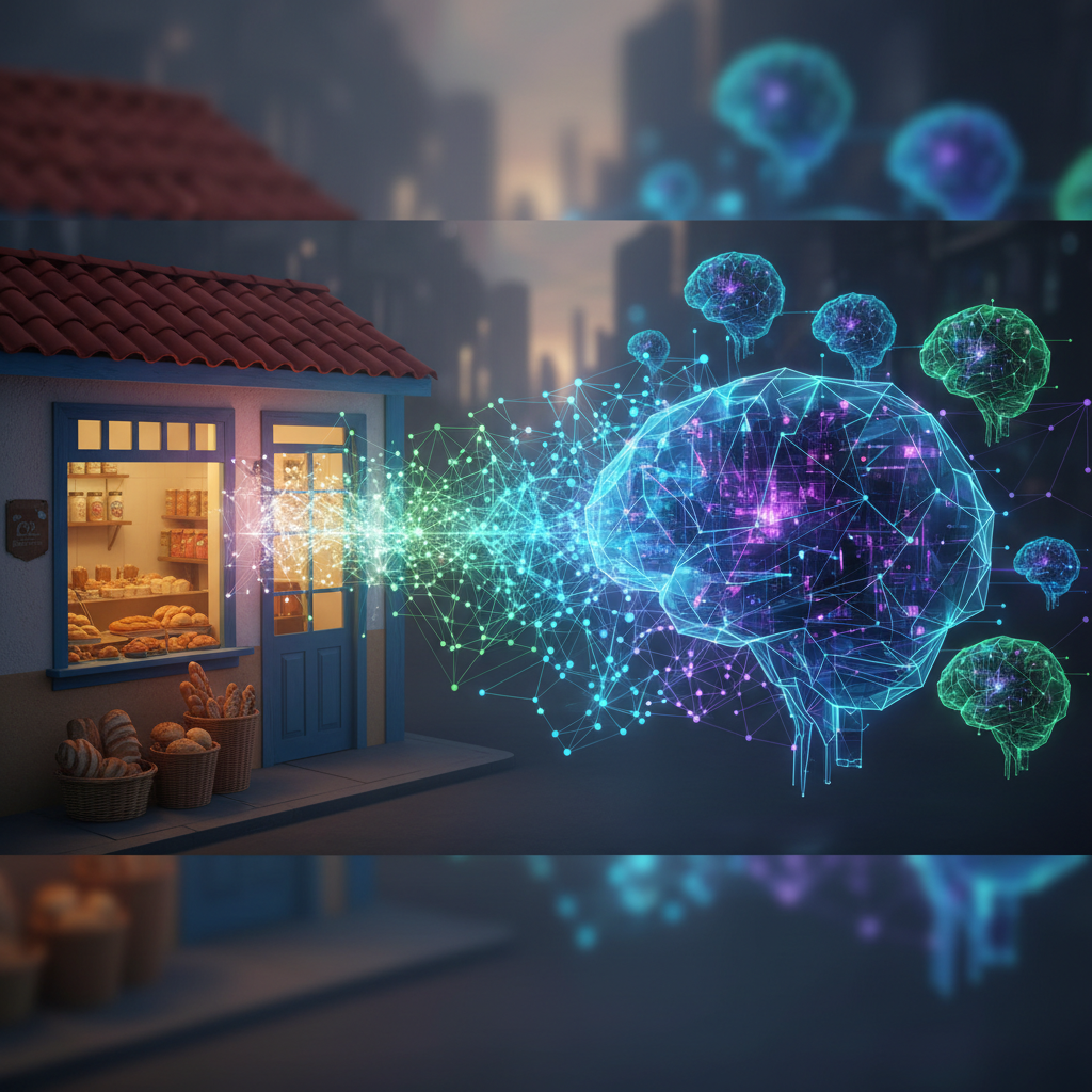 Ilustração de como fazer a IA recomendar sua empresa, mostrando uma doceria conectada a uma rede neural.