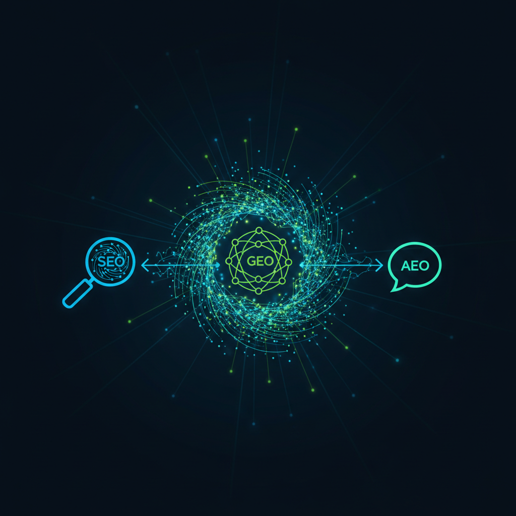 Diagrama conceitual mostrando a unificação de SEO, GEO e AEO pela plataforma BlogAI.