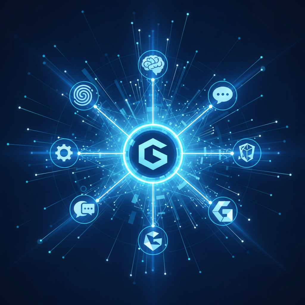 Diagrama abstrato mostrando AEO e GEO, com conexões entre uma empresa e ícones de inteligência artificial.