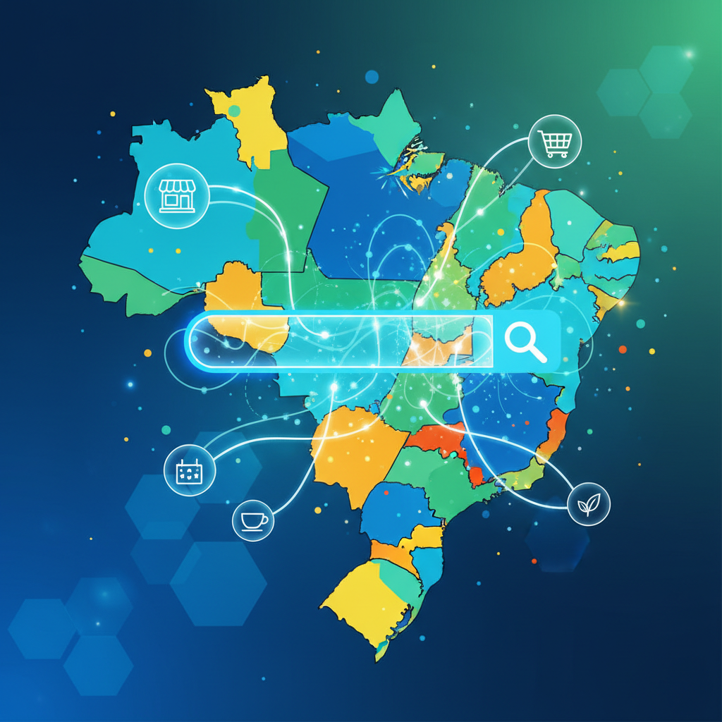 Ilustração de um guia prático de SEO para PMEs brasileiras com elementos digitais e mapa do Brasil.