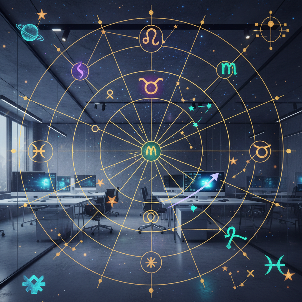 Horóscopo Profissional 2026: um mapa astral com signos do zodíaco sobre um ambiente de trabalho, ilustrando as previsões de carreira.