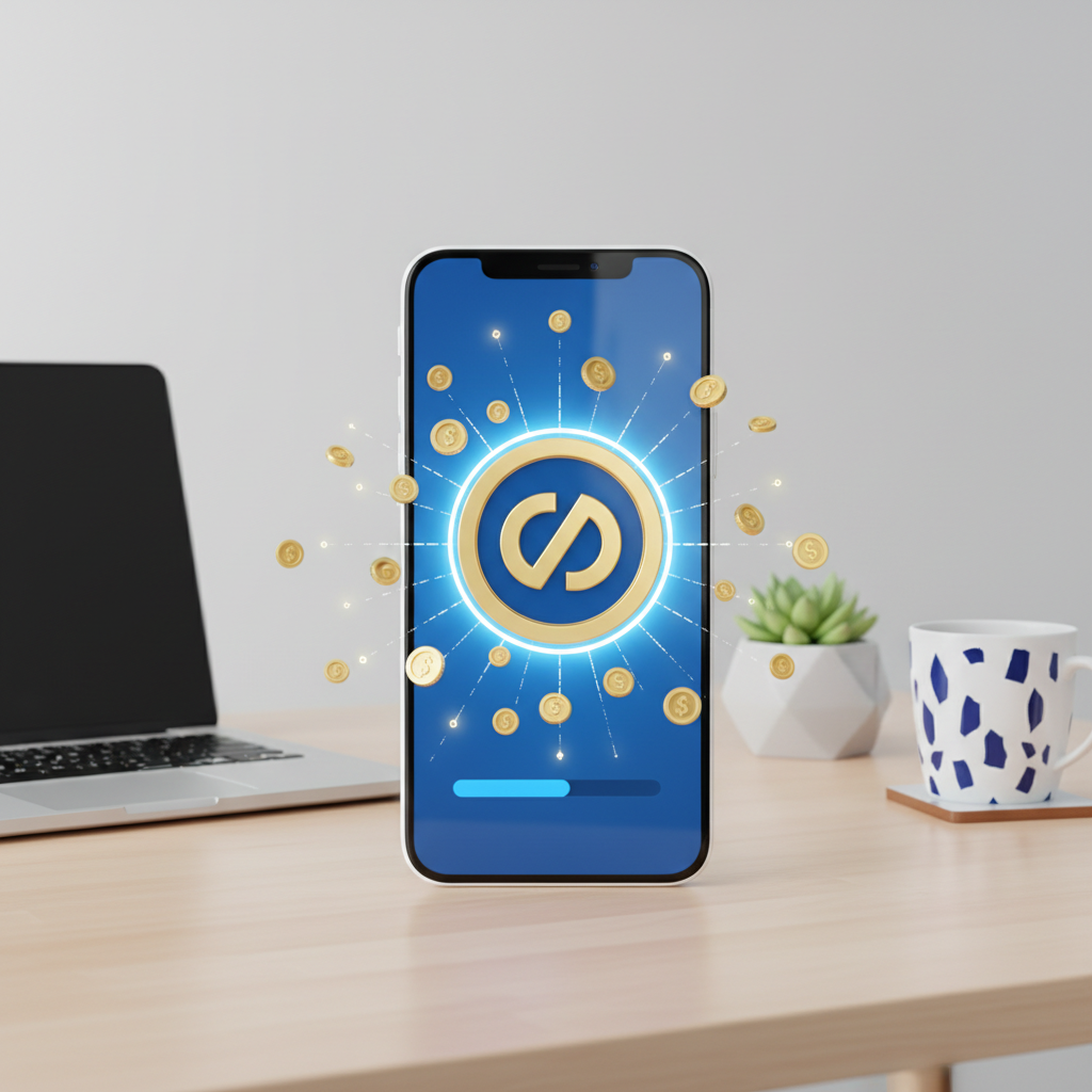 Interface digital de smartphone exibindo saldo em dólares e ícone do PayPal com moedas virtuais ao redor em ambiente moderno.