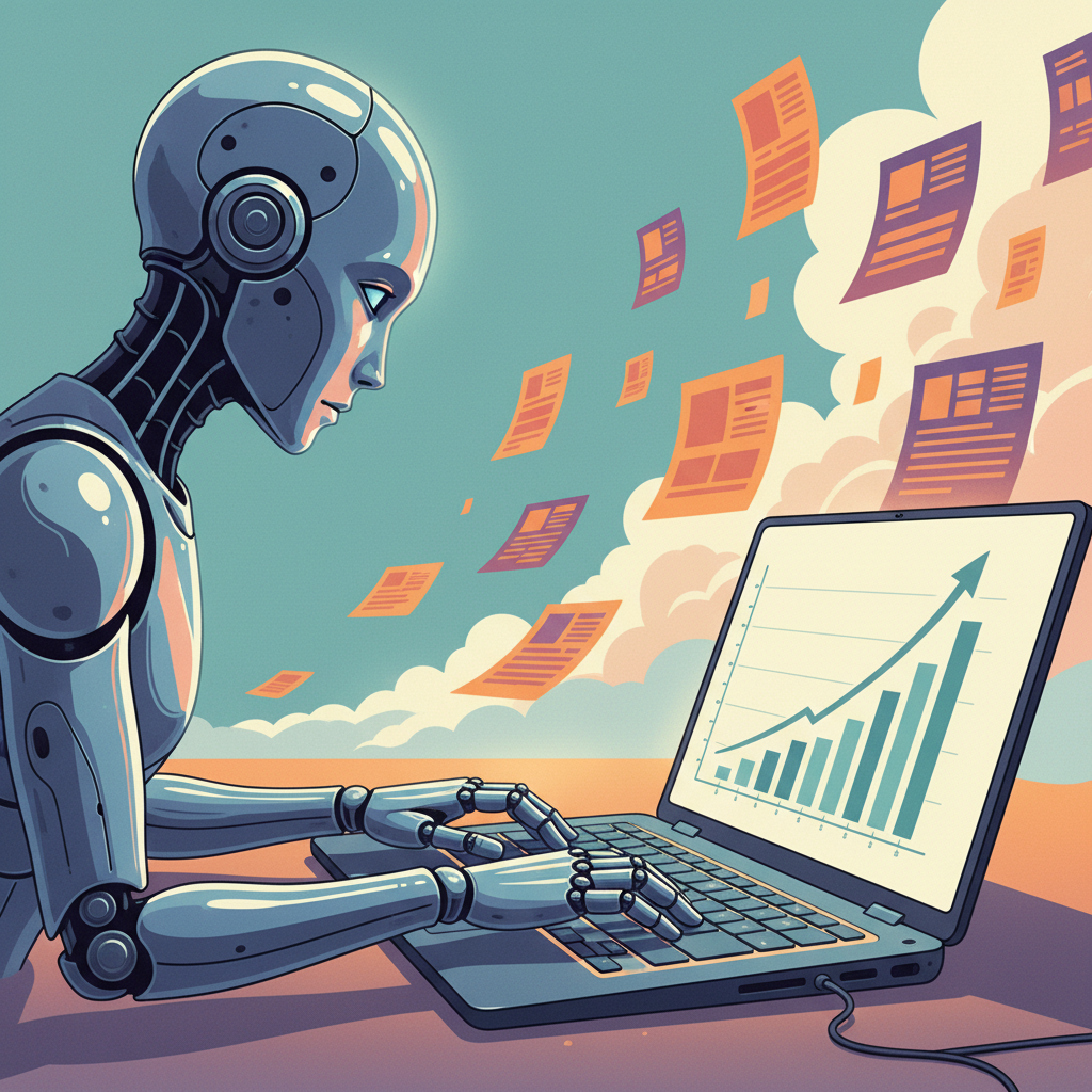 Robô digitando em um laptop, gerando artigos de blog automaticamente com IA.