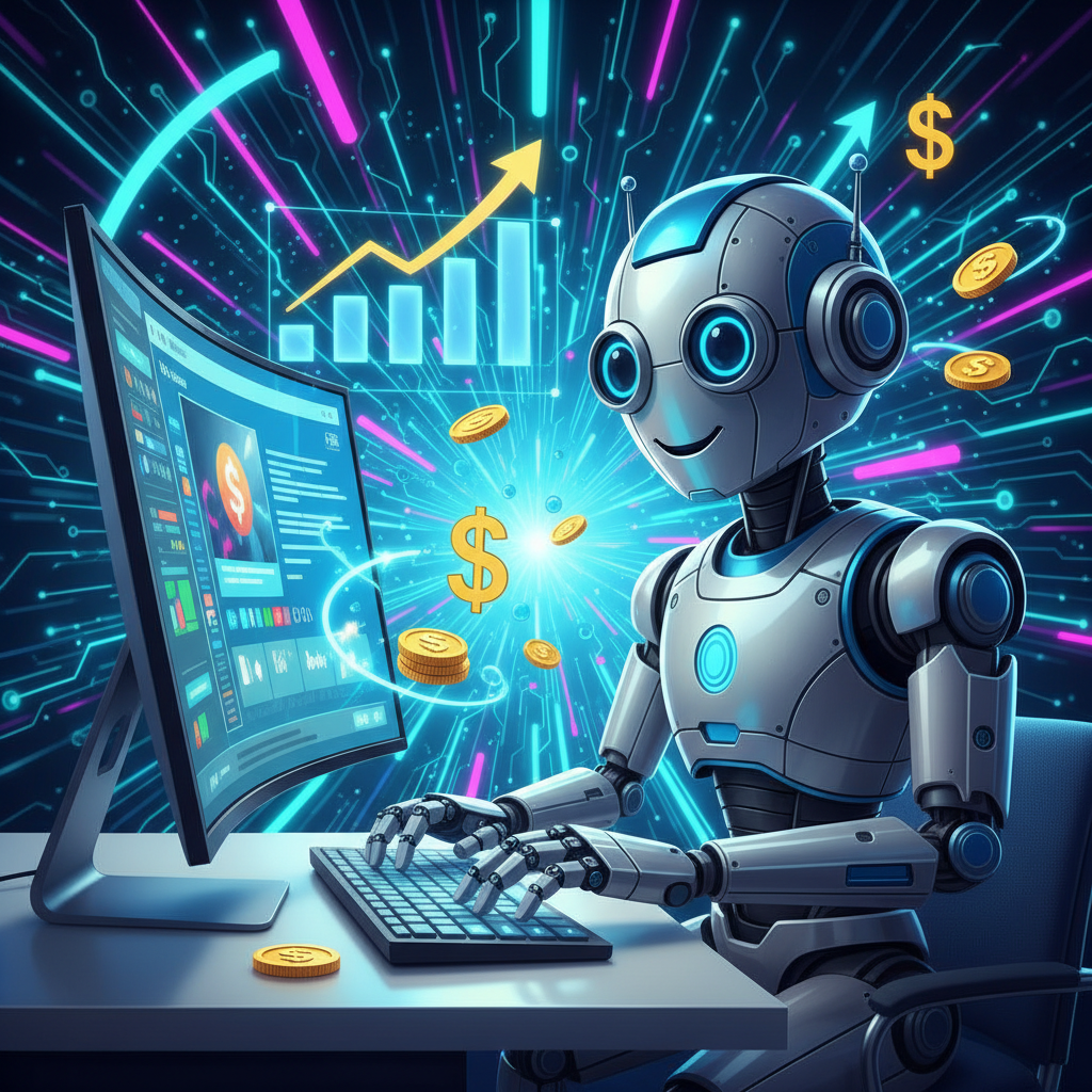 Robô escrevendo em um computador para um blog automático com IA