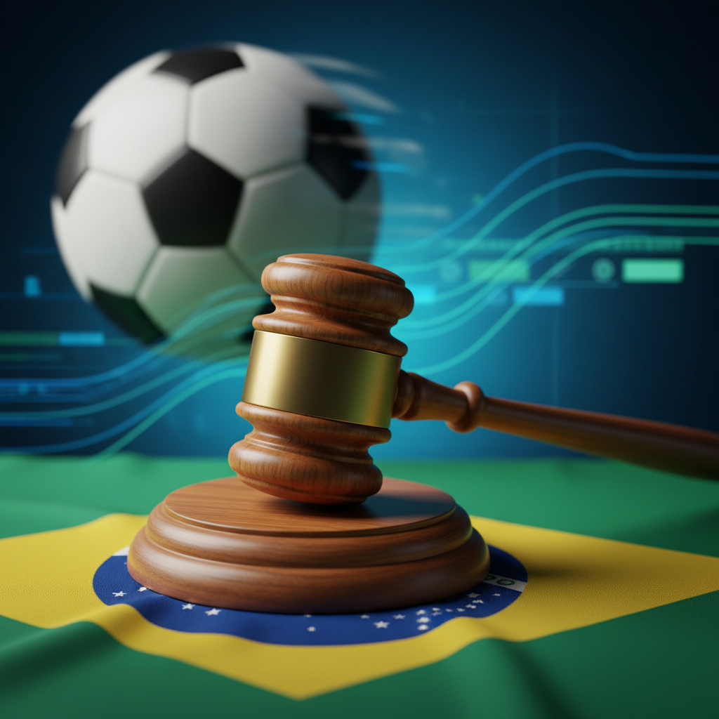 Martelo de juiz sobre a bandeira do Brasil, simbolizando a nova lei de publicidade de bets no RS em 2026.