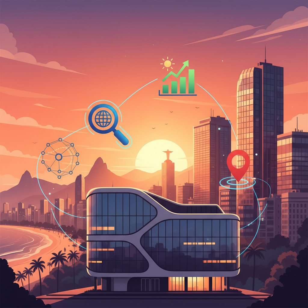 Ilustração de prédio de PME com elementos digitais de SEO e mapa do Brasil estilizado