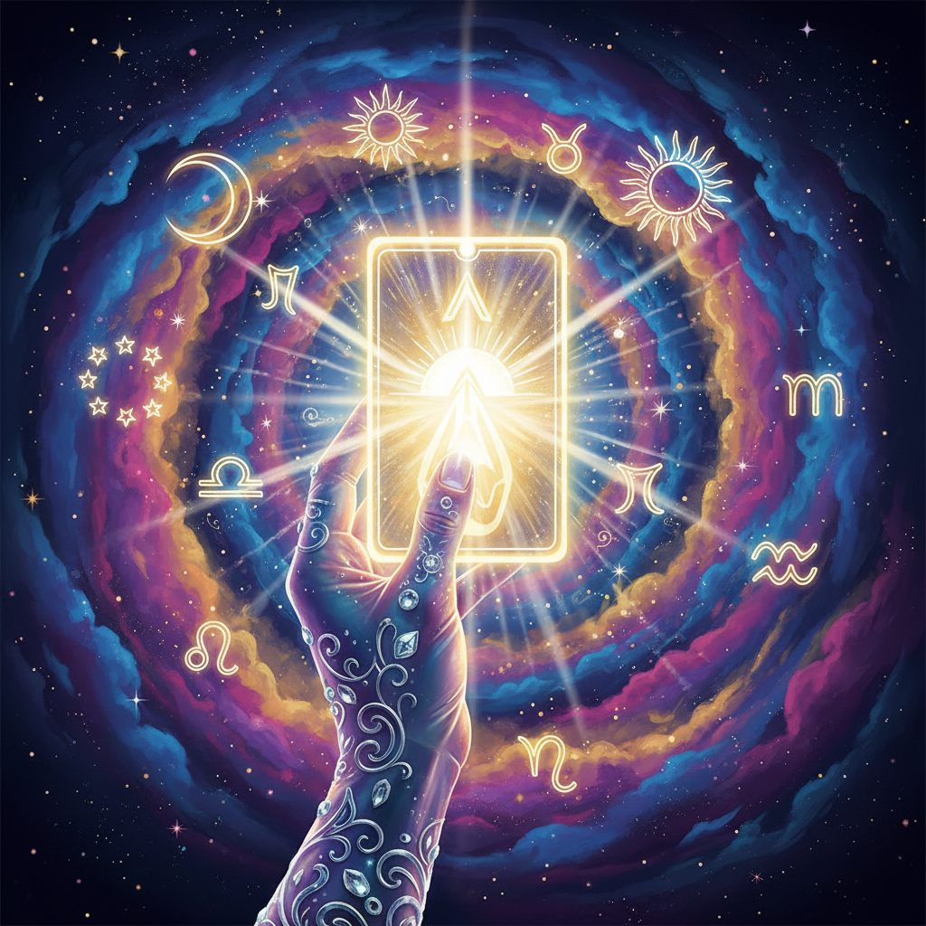 Mão mística segurando uma carta de tarot com luz brilhante, simbolizando manifestação e a lei da atração.
