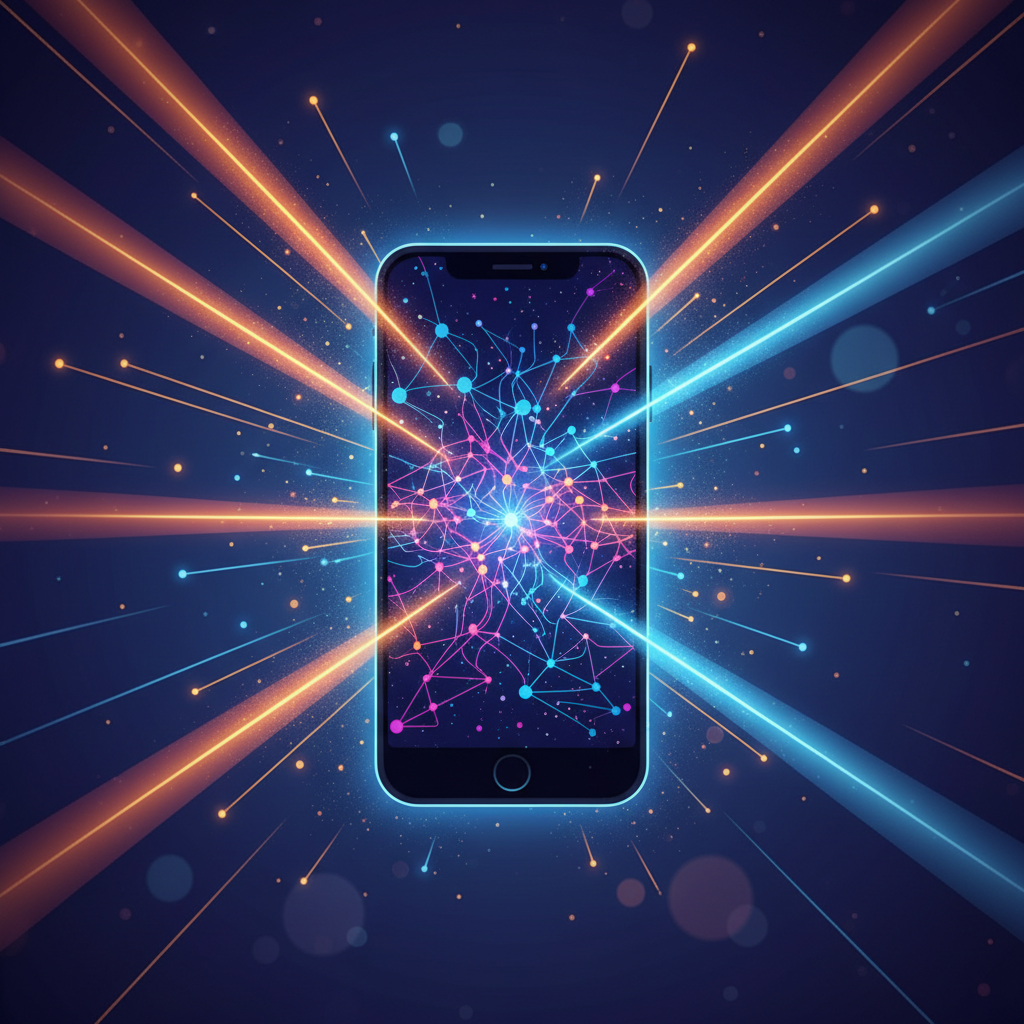 Um smartphone exibindo uma rede neural brilhante, simbolizando como ChatGPT e empresas competem pela atenção digital em 2026.