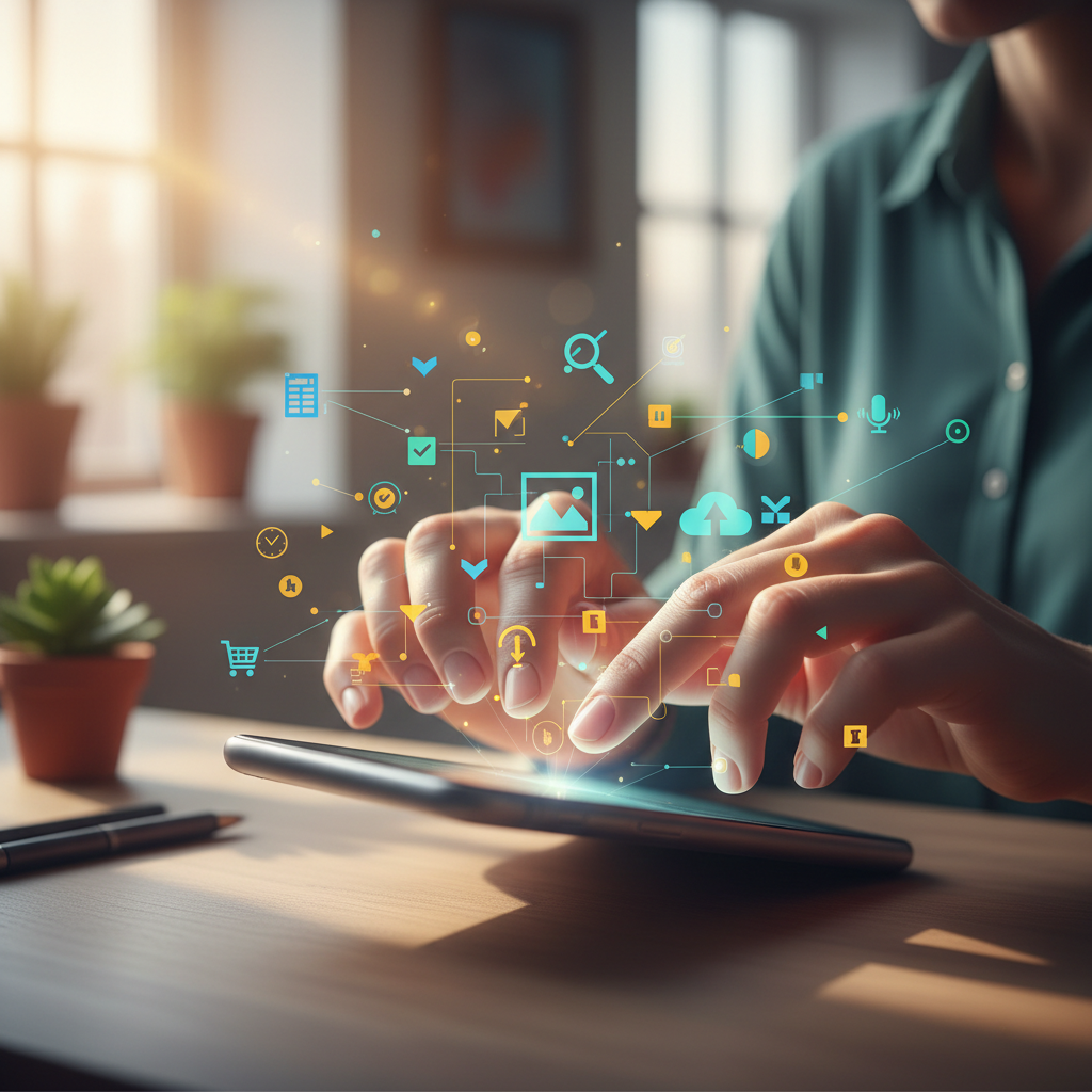 Mãos digitando em um laptop ou smartphone, com ícones de microtarefas ao redor