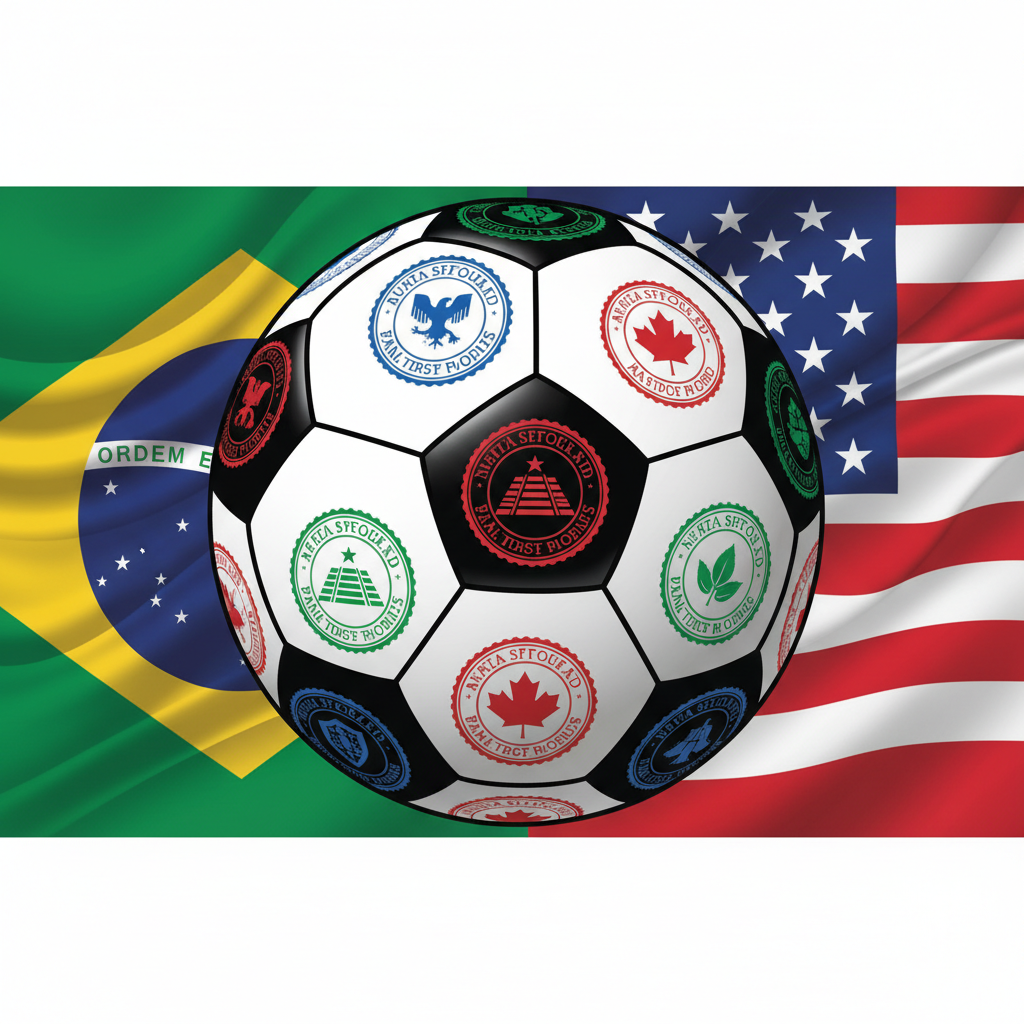 Ilustração abstrata de uma bola de futebol com carimbos de passaporte dos EUA, México e Canadá, representando a questão do visto para a Copa 2026.