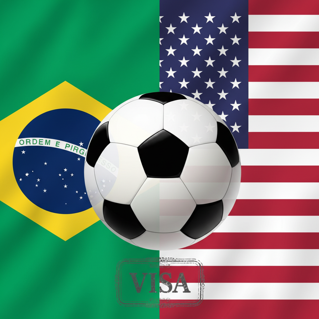 Bandeiras do Brasil e dos EUA divididas, simbolizando a conversa de Lula e Trump sobre o visto americano para jogadores em 2026.