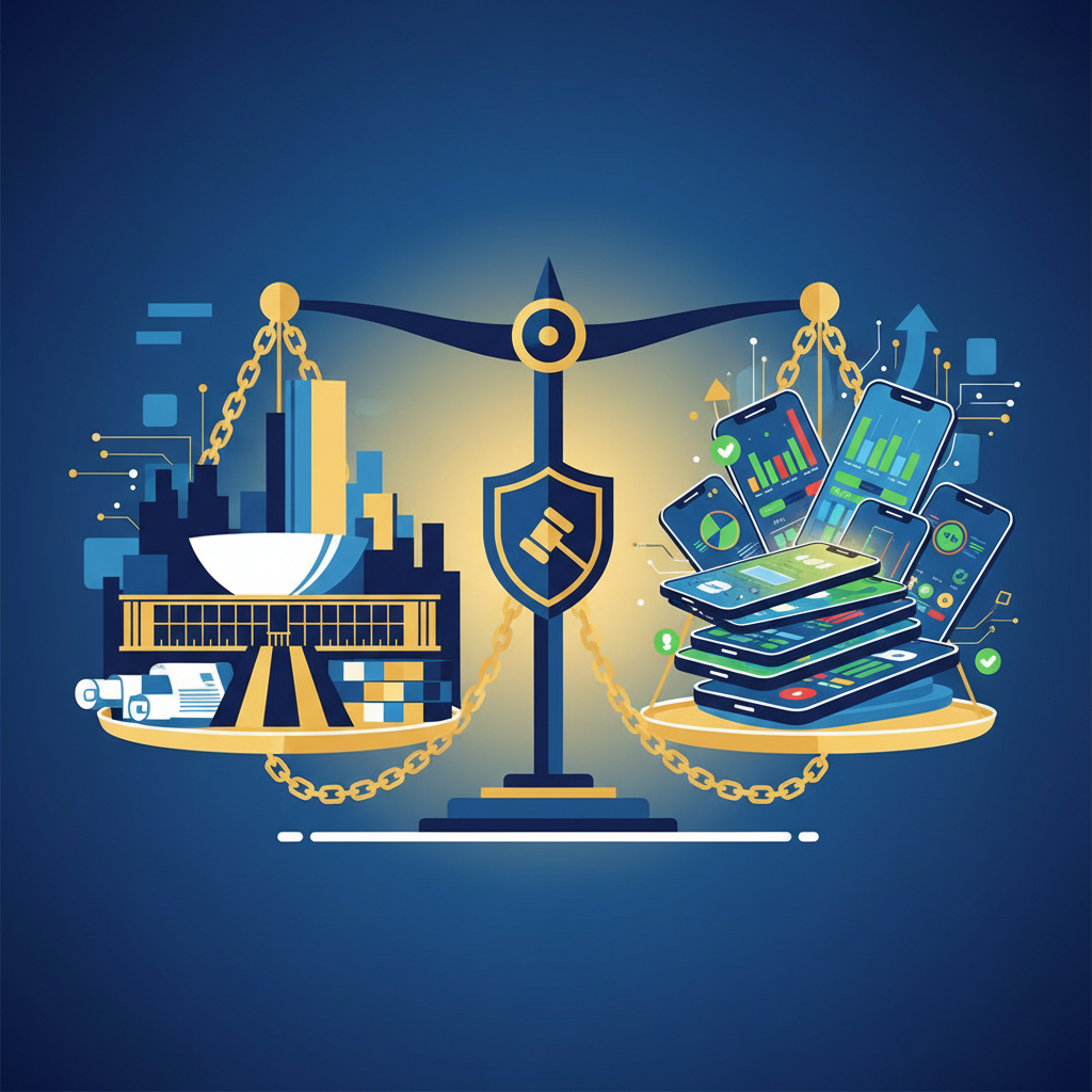 Ilustração representando o embate político sobre as apostas esportivas no Brasil, com elementos de Brasília e gráficos financeiros.