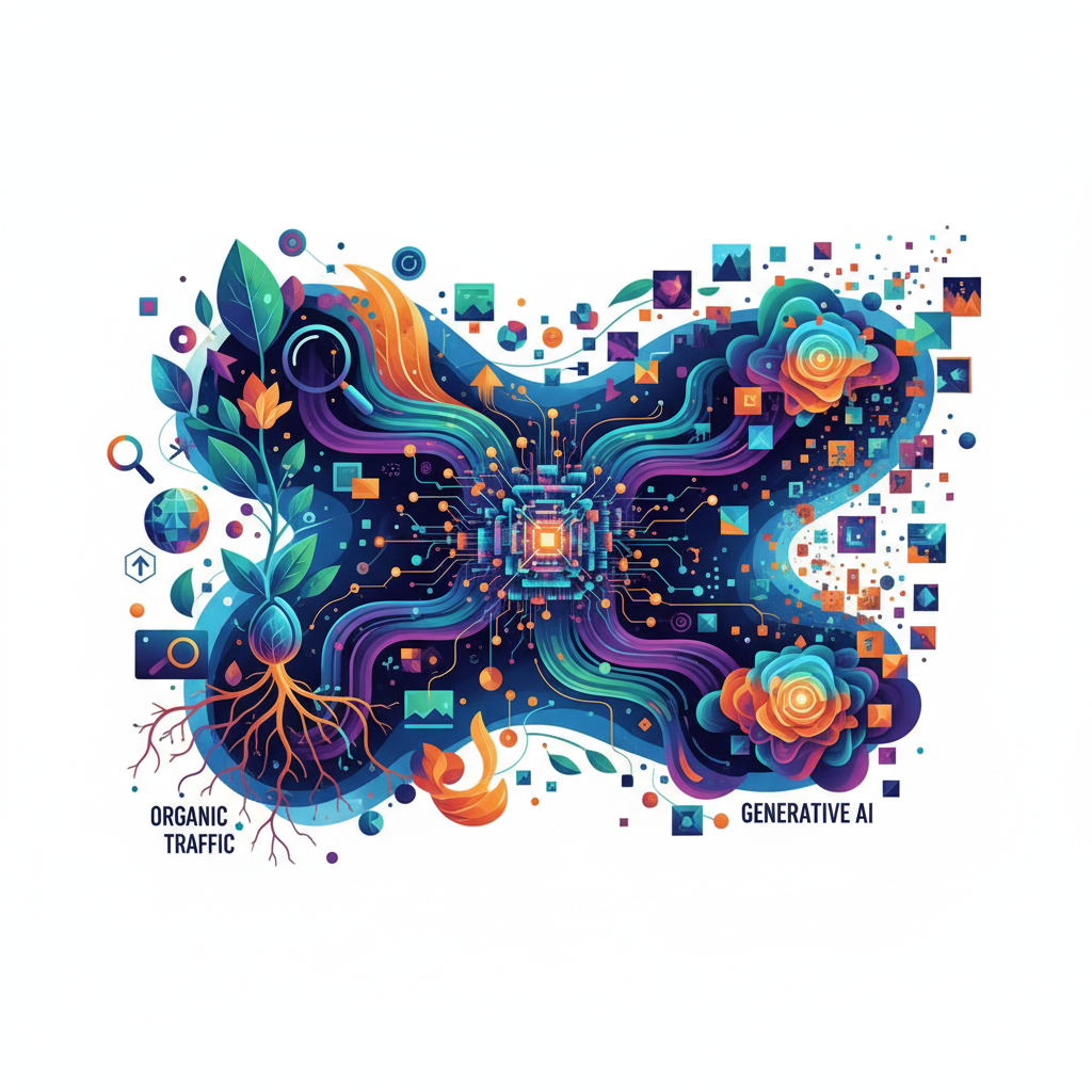 Ilustração digital abstrata de como o BlogAI otimiza conteúdo para AEO e GEO em 2026