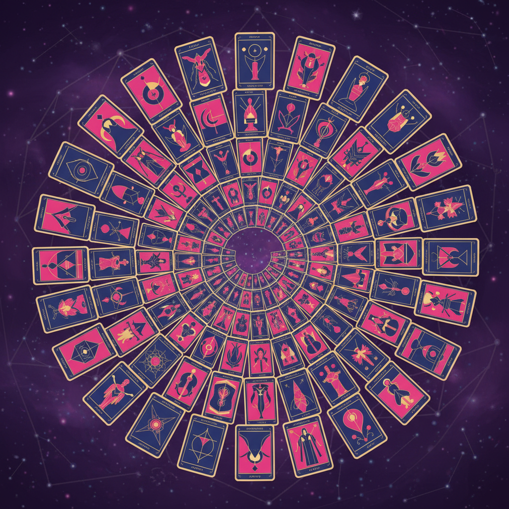Ilustração representando o que é Tarô, com as 78 cartas do oráculo dispostas em uma espiral mística.