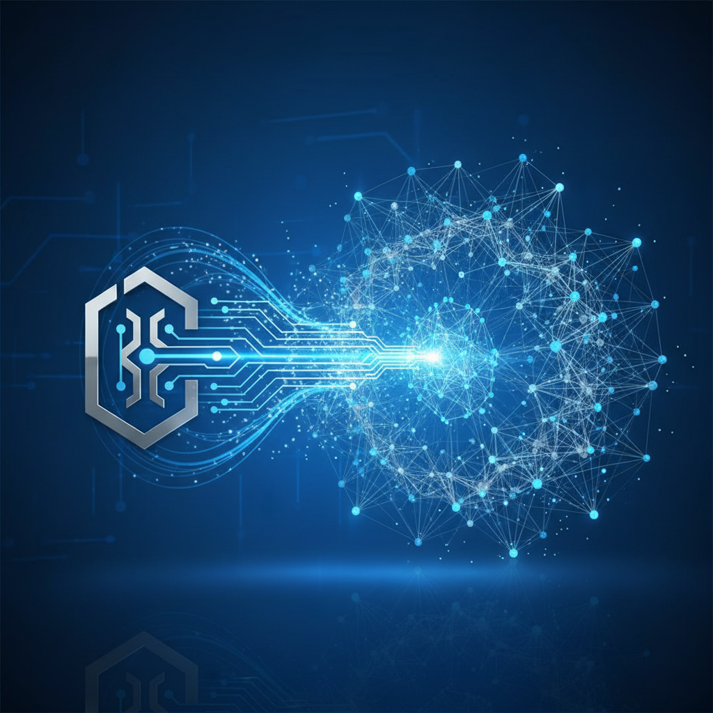 Diagrama abstrato mostrando a conexão entre uma empresa e a inteligência artificial da OpenAI, ilustrando o conceito de AEO e GEO.