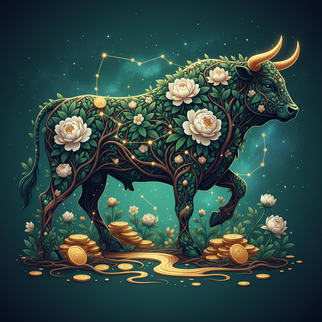 Ilustração artística do signo de Touro cercado por símbolos de prosperidade e o planeta Vênus em um céu estrelado de 2026