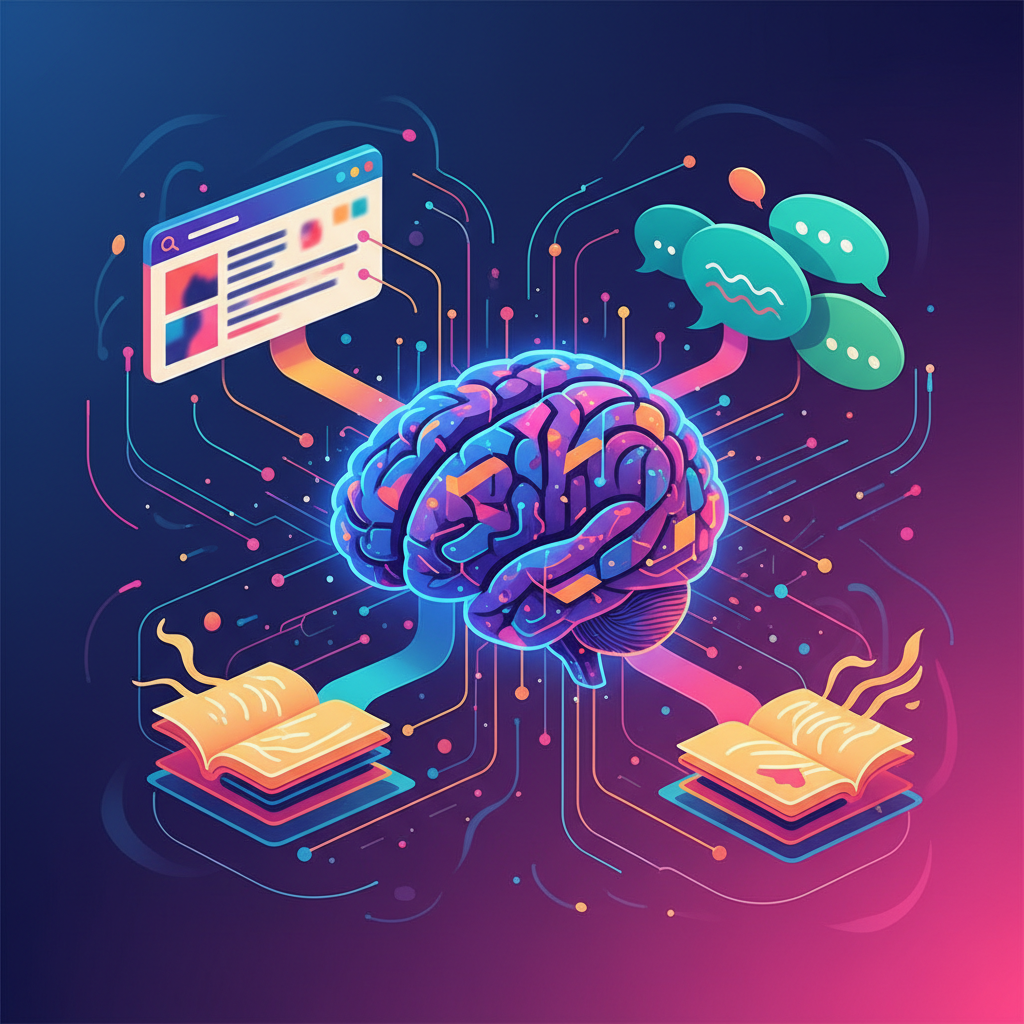 Ilustração abstrata de um cérebro digital conectado a elementos de marketing digital, representando a criação e otimização automatizada de conteúdo para ranquear com o BlogAI.