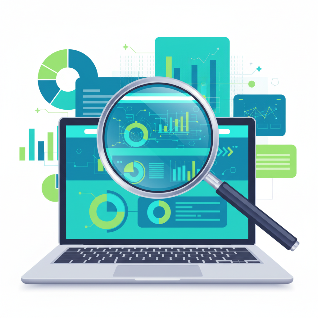 Guia de SEO para Empresas em 2026, mostrando um laptop com um site sendo analisado por uma lupa.