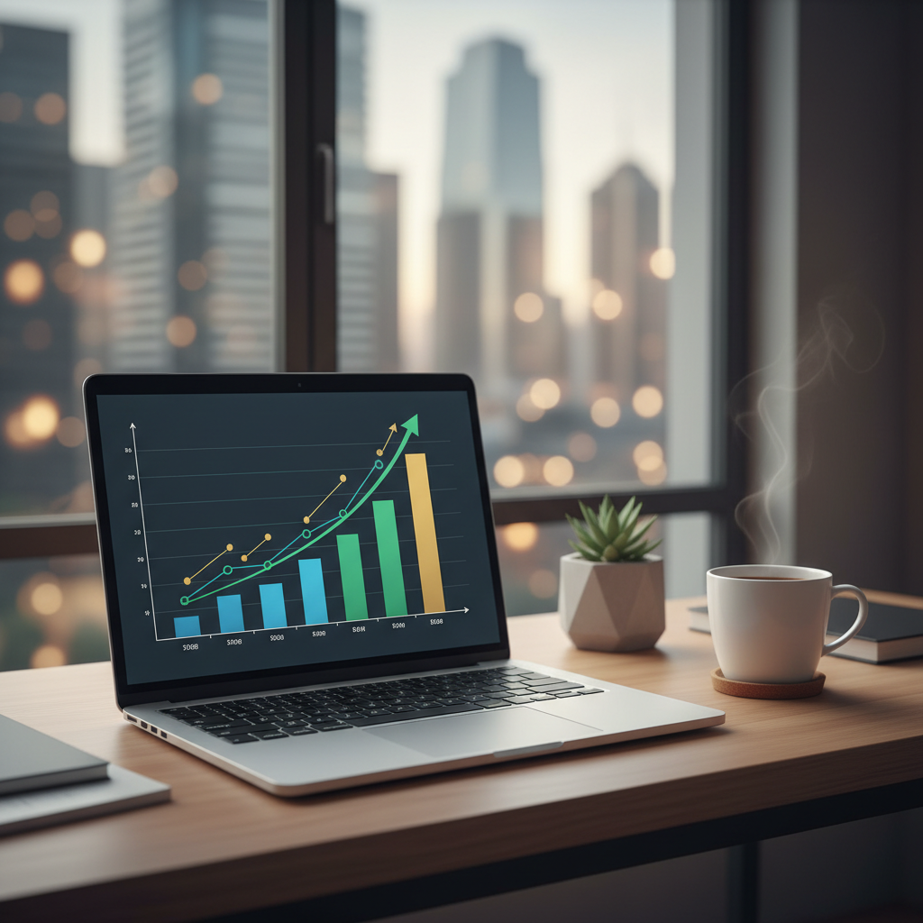 Notebook aberto em uma mesa de café com gráficos financeiros e moedas digitais simbolizando ganhos online