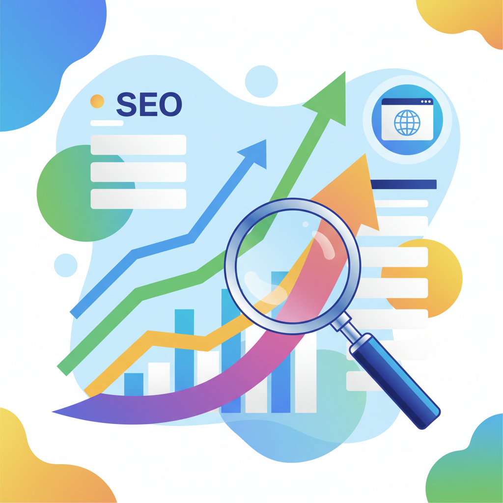 Gráfico com o crescimento de tráfego orgânico no marketing digital, mostrando uma lupa e resultados de busca do Google.