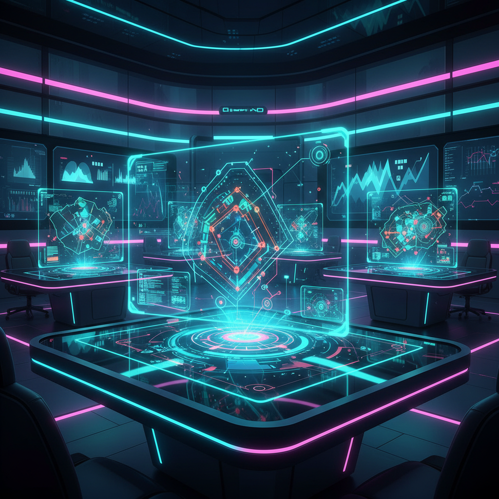 Visão estratégica de um mapa tático de e-sports com elementos eletrônicos e indicadores de performance tática em tons de azul e vermelho.