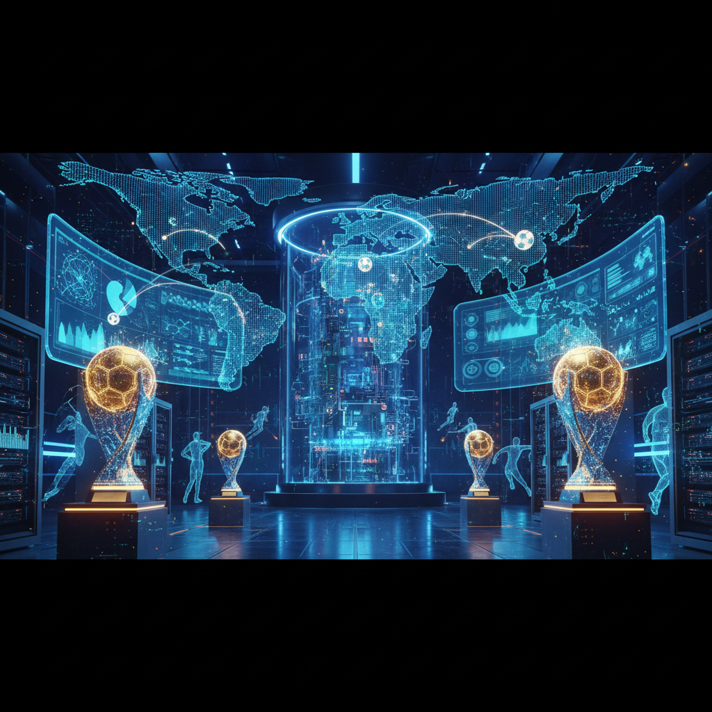 Representação gráfica digital de um supercomputador processando dados de favoritismo para a Copa do Mundo 2026 com bandeiras de seleções mundiais.