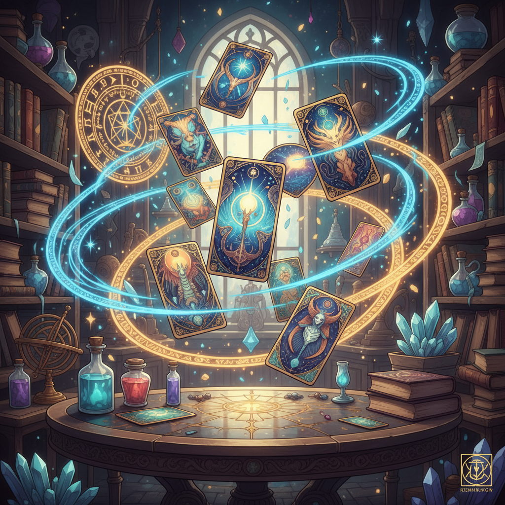 Ilustração artística de cartas de tarot inspiradas no estilo mangá de Witch Hat Atelier com elementos mágicos e selos rúnicos.