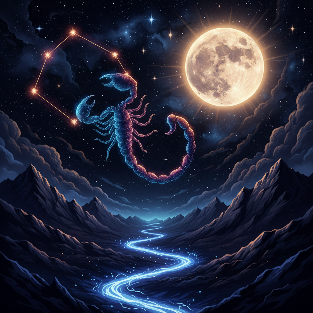 Representação artística da astrologia de maio de 2026, com a Lua Cheia em Escorpião brilhando no céu.