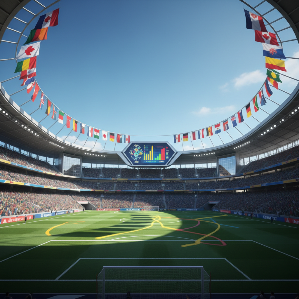 Infográfico estilizado mostrando os grupos da Copa do Mundo 2026 com as bandeiras das seleções e o mapa da América do Norte.