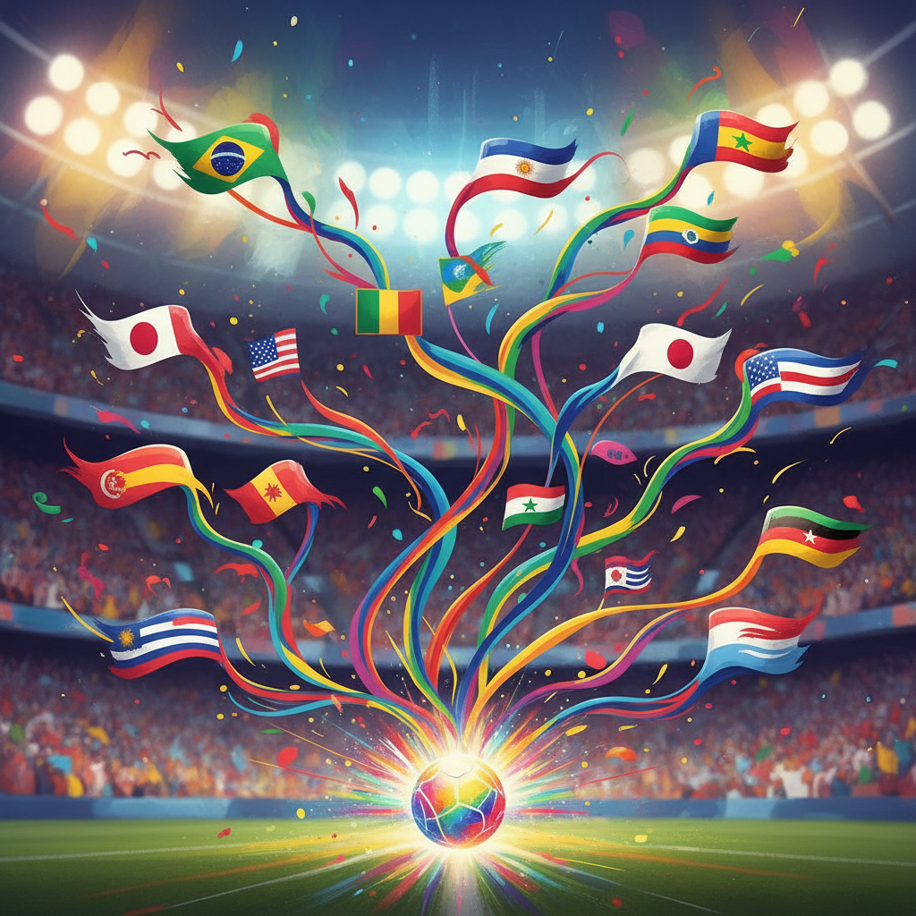 Ilustração abstrata de um chaveamento de torneio de futebol com bandeiras nacionais