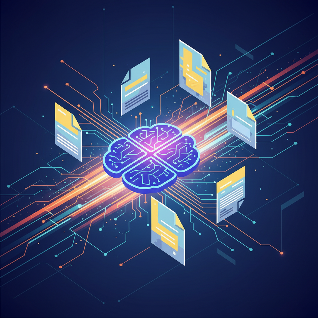 Ilustração abstrata mostrando a conexão entre Inteligência Artificial e a criação de conteúdo otimizado pela plataforma BlogAI.