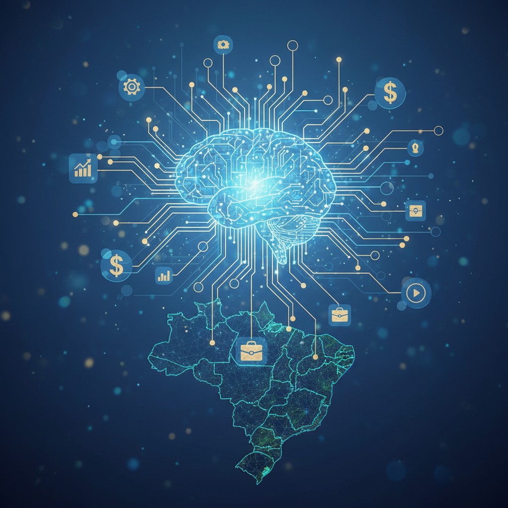 Representação conceitual de um oráculo digital processando dados de empresas brasileiras para recomendações em IA.