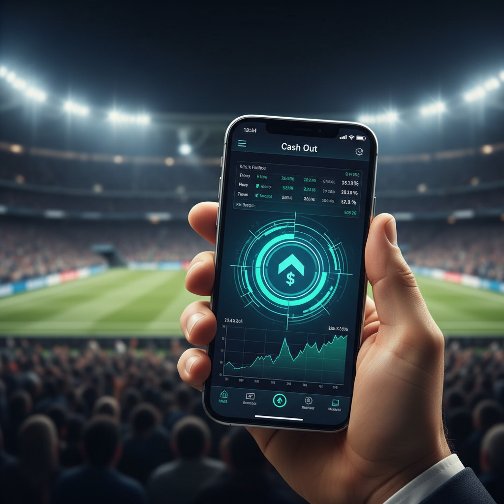 Mão segurando smartphone em aplicativo de apostas com opção de cash out, ao fundo um estádio borrado.