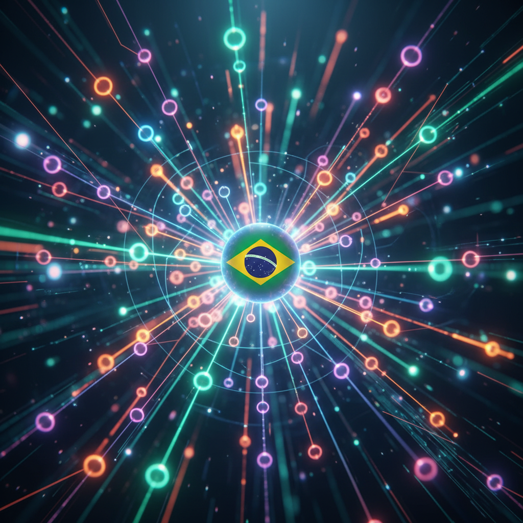 Um diagrama de rede neural brilhante com um nó central exibindo a bandeira do Brasil, ilustrando o conceito de GEO (Generative Engine Optimization) para empresas brasileiras.