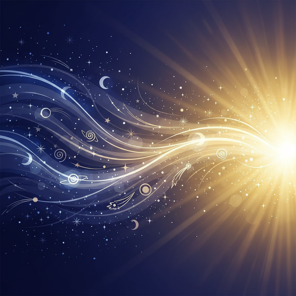 Representação artística abstrata de constelações brilhando em um céu azul claro e sereno, simbolizando leveza e alinhamento astral positivo em 2026.