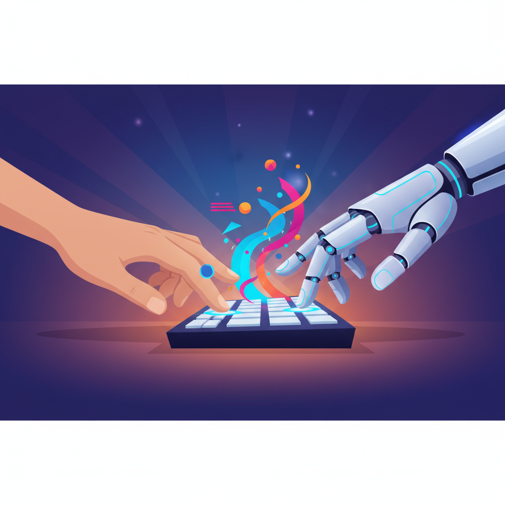 Mão humana e mão de robô colaborando para escalar produção de conteúdo com IA em 2026.